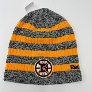 Boston Bruins Beanie Hat Knit Reebok NHL Gray Gold Striped Winter Cap